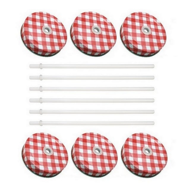 Sunshine Mason Co. Red Gingham Mason Jar Lids with White Straws, 6 Pieces