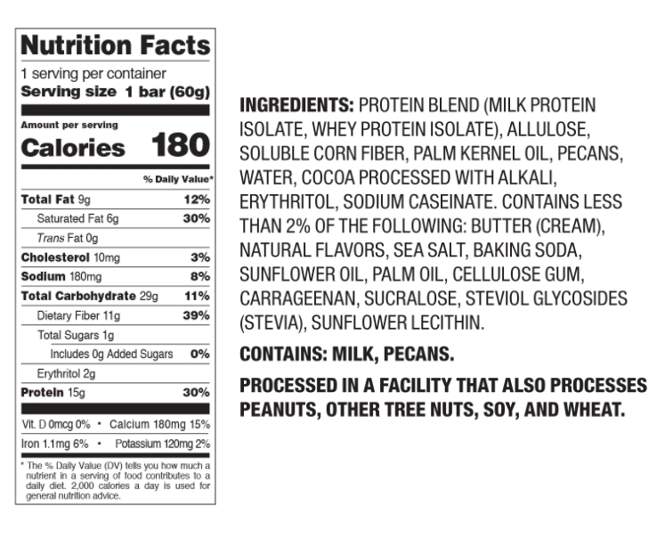 Nutrition facts for a 60g protein bar with 180 calories, 9g fat, 15g protein, and ingredients including milk protein, whey protein, palm kernel oil, and pecans.