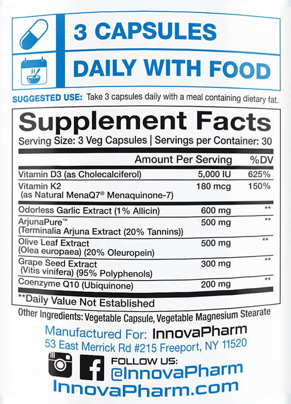 Supplement facts for InnovaPharm capsules, includes Vitamin D3, Vitamin K2, Odorless Garlic Extract, ArjunaPure, Olive Leaf Extract, and Coenzyme Q10.