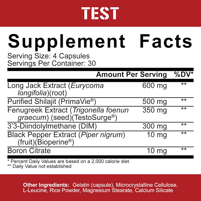 Supplement facts for TEST showing serving size, ingredients, and daily values per serving based on a 2,000 calorie diet.