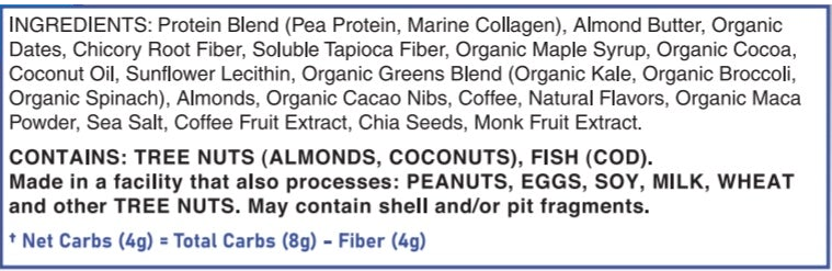 List of ingredients for a protein blend including pea protein, marine collagen, almond butter, organic greens, coffee, cacao nibs, and more.