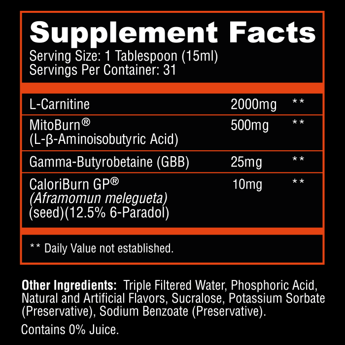 Supplement facts label shows serving size, L-Carnitine, Gamma-Butyrobetaine, CaloriBurn GP ingredients, and daily values.