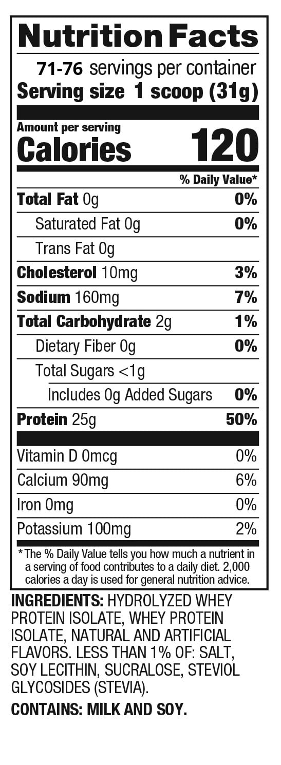Nutrition facts for a protein powder with 71-76 servings per container; 25g protein, 2g carbs, 0g fat, 10mg cholesterol, 160mg sodium.