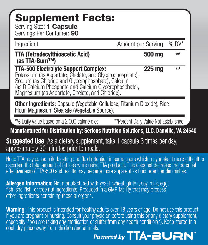 Supplement facts for TTA-500 capsule with Tetradecylthioacetic Acid and electrolyte complex, manufactured by Serious Nutrition Solutions.