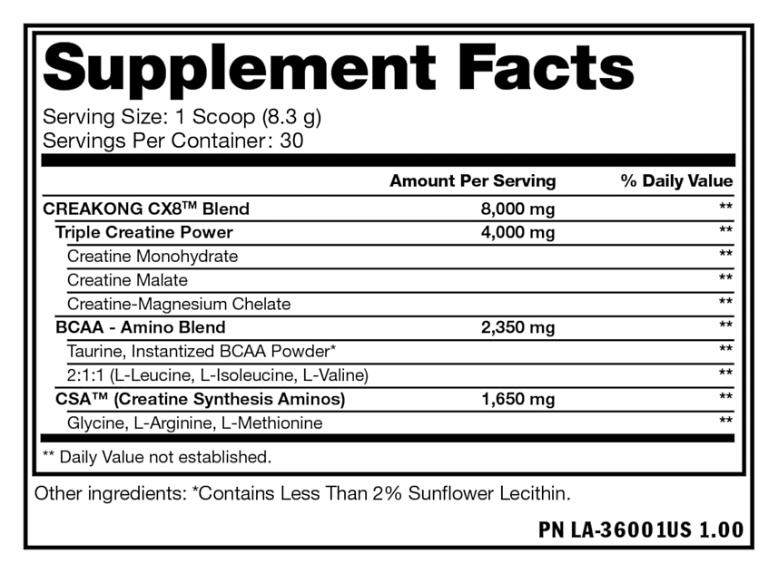 Supplement facts for CREAKONG CX8™ Blend with Triple Creatine Power, Amino Blend, and additional ingredients noted.