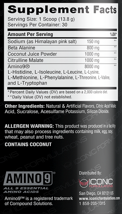 Supplement facts label showing ingredients and amounts including Sodium, Beta Alanine, Coconut Juice Powder, Citrulline Malate, and Amino9 amino acids.