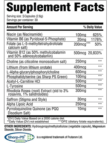 Supplement facts for 5-capsule serving includes Niacin, Vitamins B6 and B12, Folate, Choline, Lithium, Acetyl-L-Carnitine, L-Tyrosine, and other ingredients.