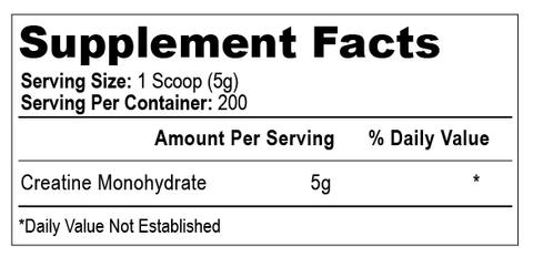 Supplement facts showing serving size as 1 scoop (5g), 200 servings per container, and 5g Creatine Monohydrate per serving.