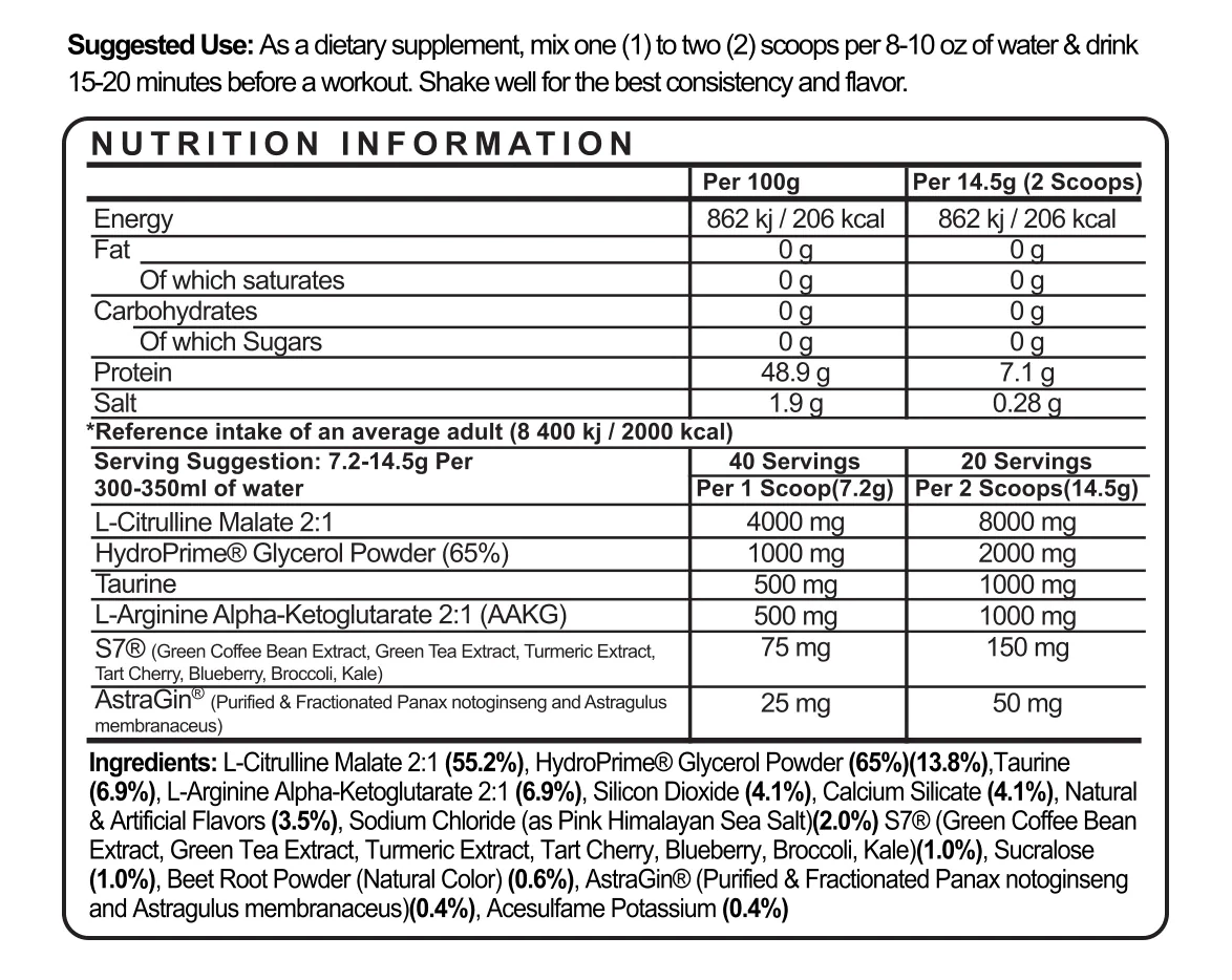 Dietary supplement info directing to mix 1-2 scoops with water pre-workout, listing nutrition details and ingredients like L-Citrulline and HydroPrime Glycerol Powder.