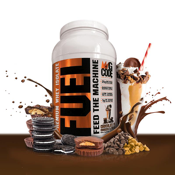 Premium Whey Isolate protein supplement in Cookies & Chocolate flavor.