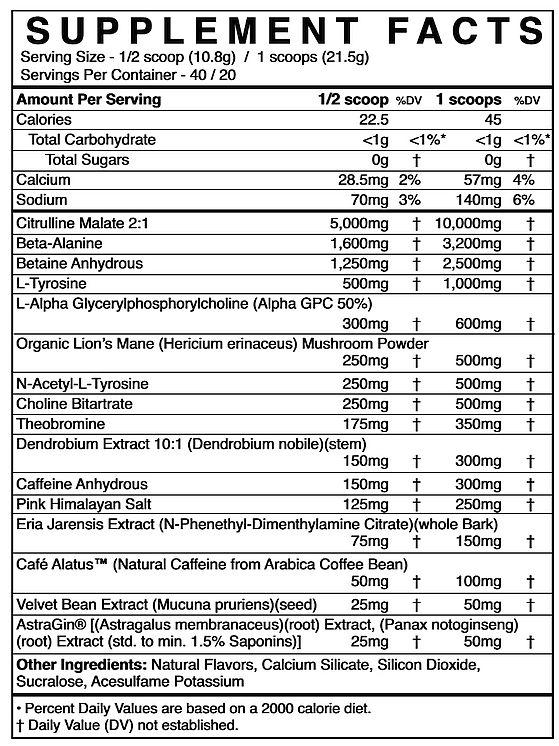 Supplement facts table indicating serving sizes, ingredients, and daily nutritional values; including calories, carbs, sugars, calcium, and many more.