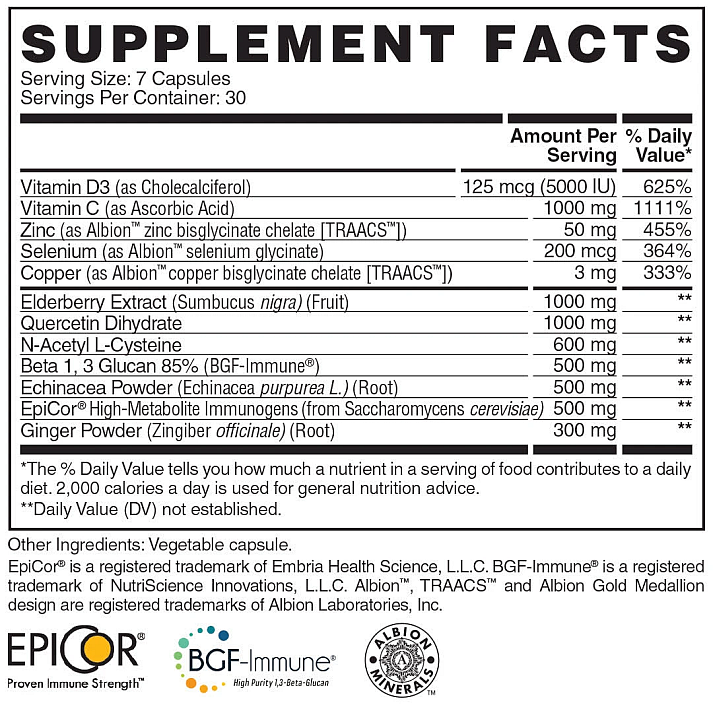 List of supplement facts indicating the serving size, servings per container, and the amounts of vitamins, minerals, and extracts present.