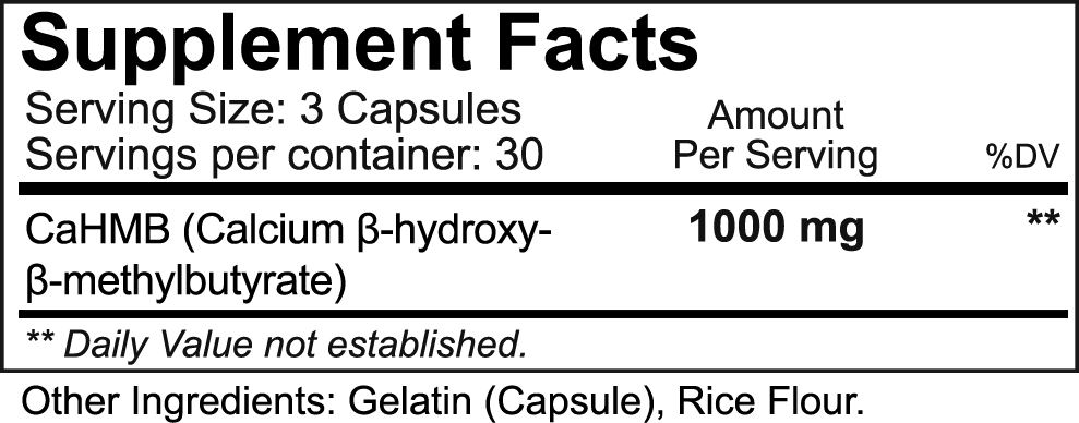 Supplement facts label showing serving size for 3 capsules, 30 servings per container with 1000mg CαHMB. Other ingredients: Gelatin, Rice Flour.