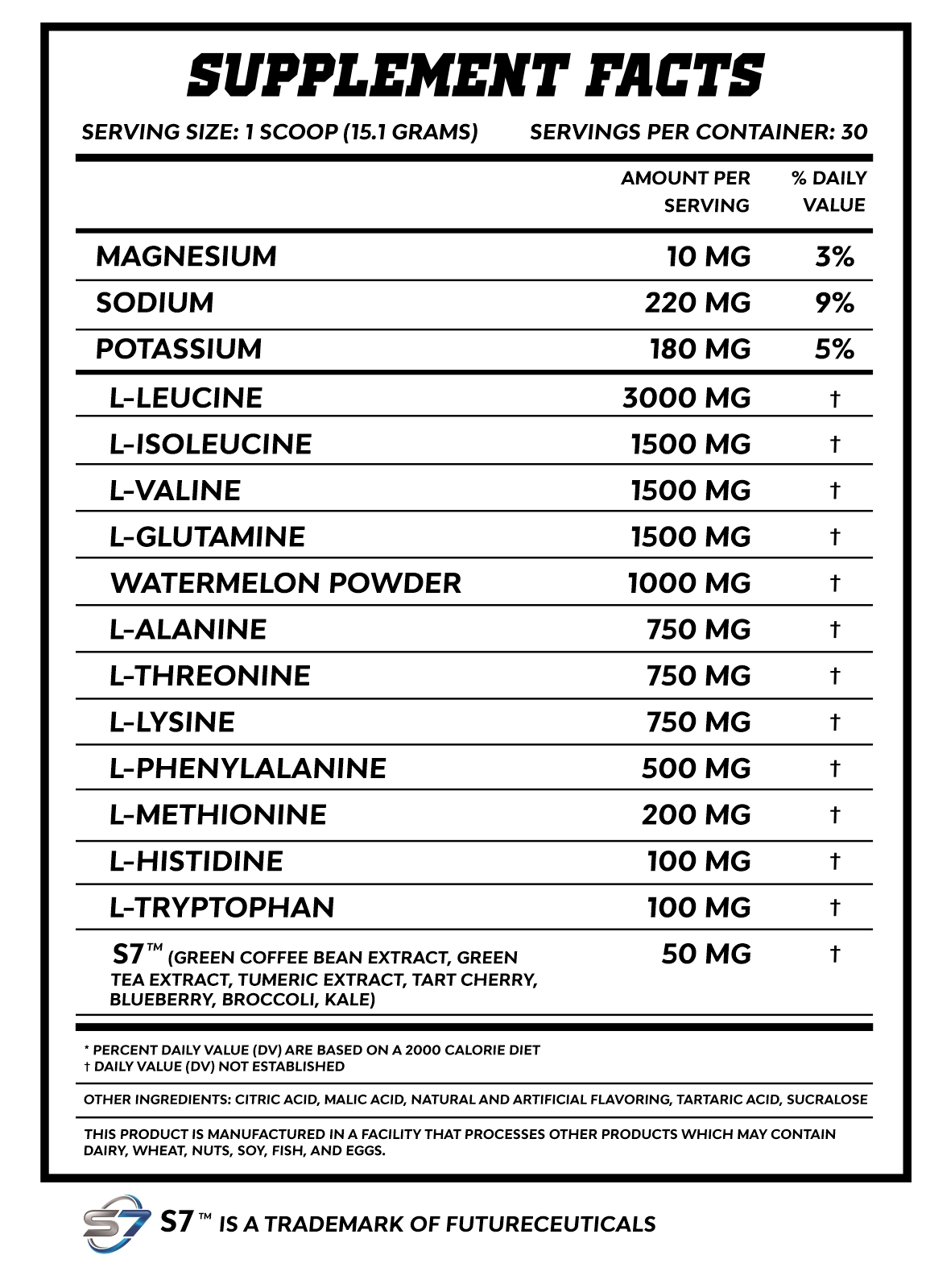 Supplement facts for a product with ingredients like magnesium, L-Leucine, watermelon powder, and green tea extract. Made in a facility processing dairy and nuts.