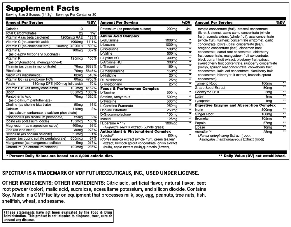 Nutritional information label displaying caloric content, daily value percentages, and ingredient list of a dietary supplement. Contains allergen and usage warnings.