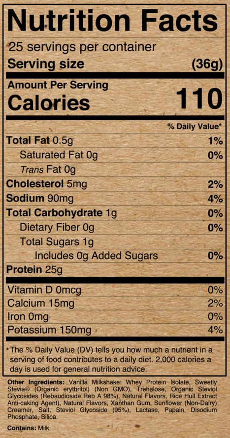 Nutrition label for a Vanilla Milkshake with 110 calories per serving, low fat and sodium, rich in protein and containing several other nutrients.