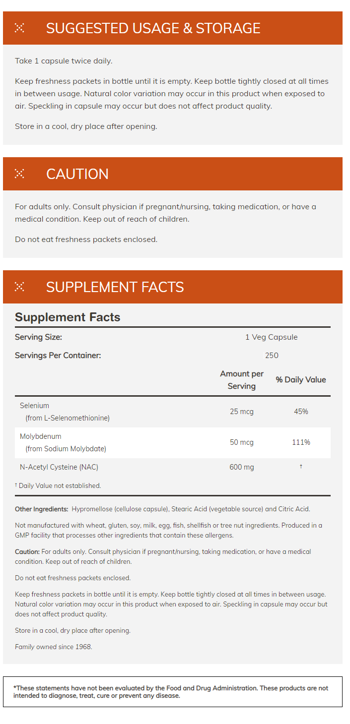 Supplement facts and usage for a product containing Selenium, Molybdenum, and N-Acetyl-Cysteine. Includes information about storage and allergy precautions.