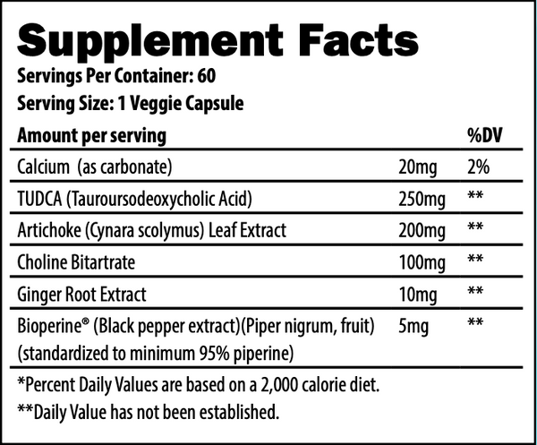 Supplement facts label with servings, sizes, ingredients and quantities; includes calcium, TUDCA, artichoke extract, and more.