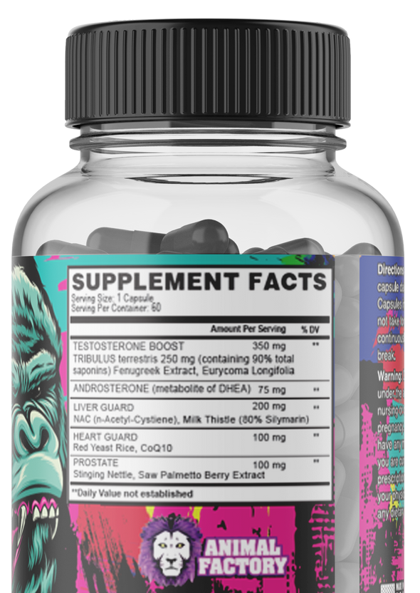 Testosterone supplement label detailing serving size, ingredients, and health support claims including liver and heart guards.