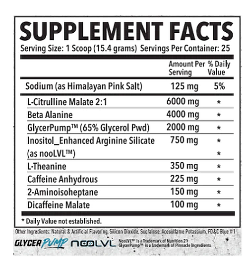 Supplement facts label showing serving size, ingredients, and daily value percentage for various elements like Sodium, L-Citrulline Malate, Caffeine etc.