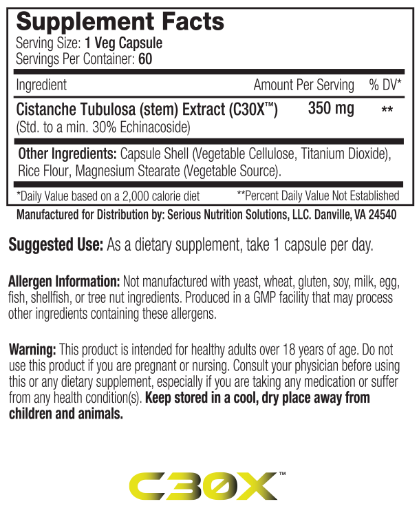 Supplement facts for a veg capsule with 350mg Cistanche Tubulosa per serving. Contains 60 servings. Allergen information provided.