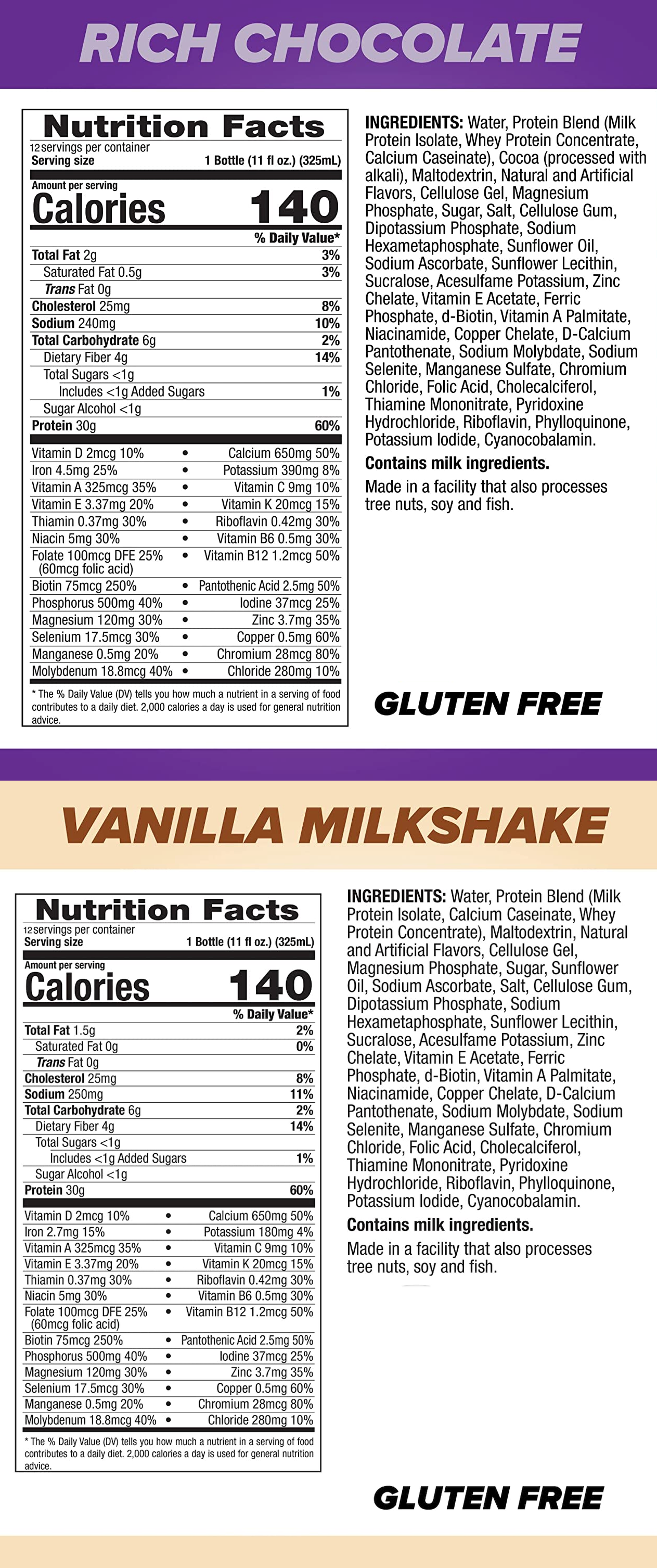 Summary: Nutrition information for a Rich Chocolate drink with 12 servings per container. Each 325 mL serving contains 30g protein, vitamins, minerals, and under 1g of sugar.