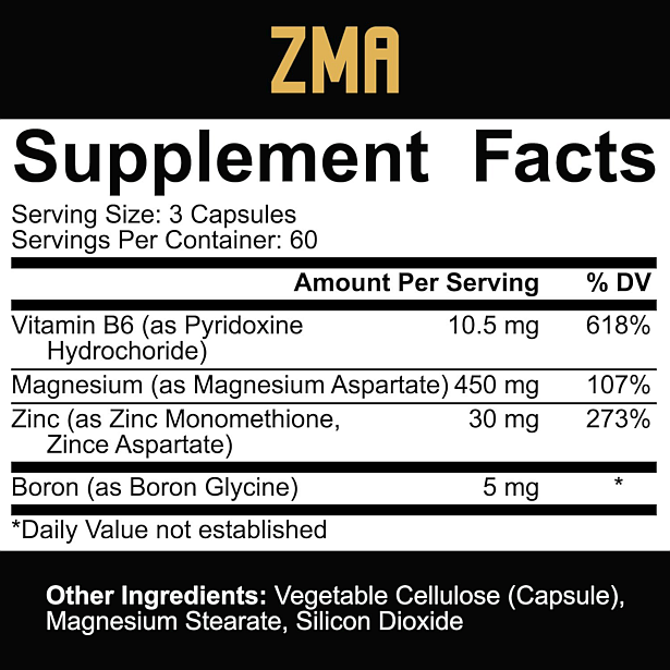 ZMA supplement facts showing serving size, number of servings per container, and details of vitamin B6, magnesium, zinc, and boron content.