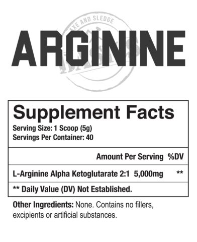Sledge Arginine XE supplement facts: serving size - 1 scoop (5g), 40 servings/container, L-Arginine content - 5000mg/serving.