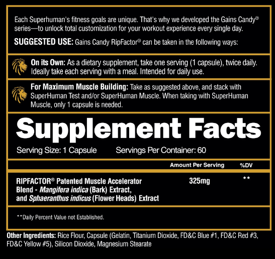 Product description and usage instructions for Gains Candy RipFactor, a customizable workout supplement. Contains patented muscle accelerator blend.