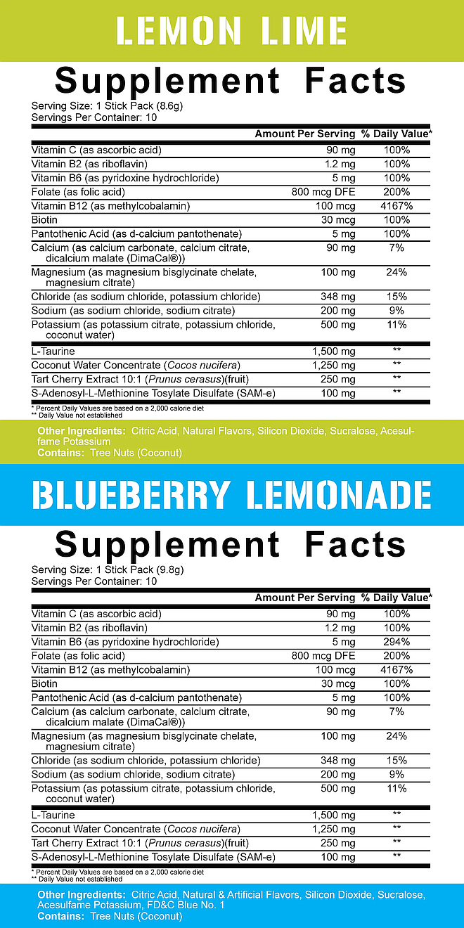 Lemon Lime and Blueberry Lemonade supplement facts. Contains vitamins C, B2, B6, B12, D, biotin, calcium, magnesium, chloride, sodium, and potassium. Tree nuts included.