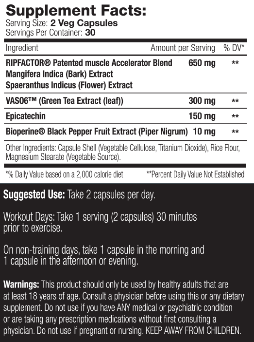 Supplement facts and usage instructions for RipFactor muscle accelerator blend in vegetable capsules, including various extracts and daily values.