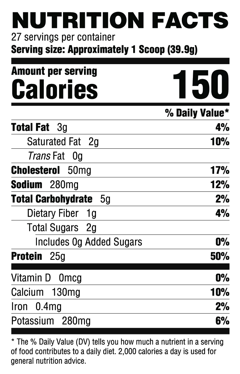 Nutrition facts for approximately 1 scoop (39.9g) containing 3g fat, 25g protein, 5g carbohydrates and daily values of various vitamins and minerals.