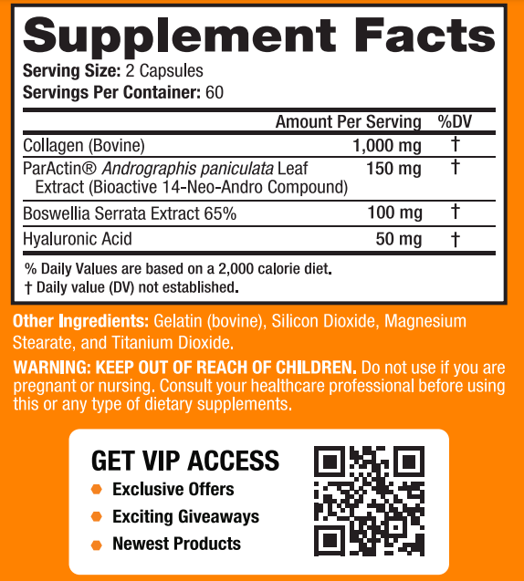 Supplement facts for 2-capsule serving including Collagen, ParActin, Boswellia Serrata Extract, and Hyaluronic Acid. Warning details included.