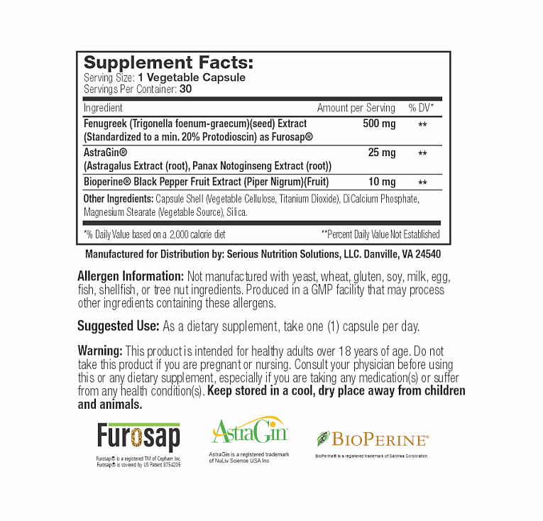 Supplement facts for a 30-serving vegetable capsule containing Fenugreek and AstraGin, among other ingredients. Suitable for adults over 18 years.