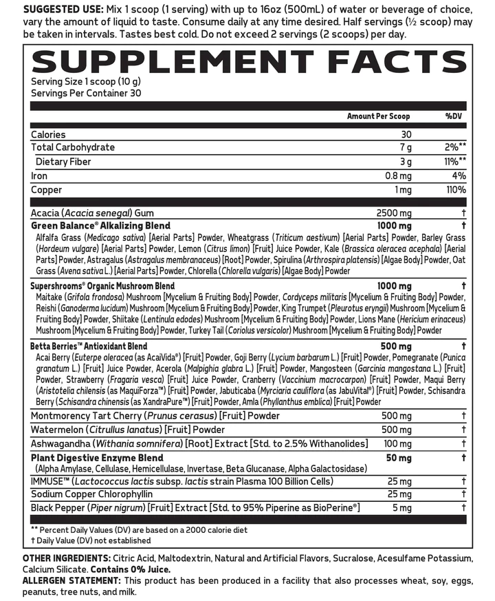 Supplement powder with a serving size of 1 scoop (10g). Contains acacia gum, various grass powders, mushroom blend, and fruit powders. 0% juice.