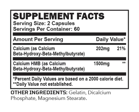 Supplement facts for 2 capsules: contains 202mg Calcium and 1500mg Calcium HMB. Other ingredients: Gelatin, Dicalcium Phosphate, Magnesium Stearate.