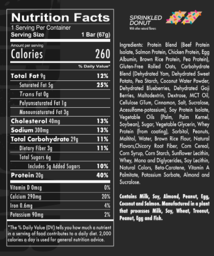 Nutritional information and ingredient list for a protein bar, containing animal and plant proteins, oats, berries, and natural flavors. Contains allergens.