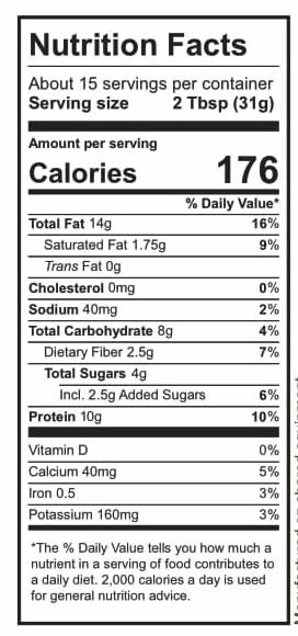 Nutrition facts label showing 14g of fat, 8g of carbs, 10g of protein and various vitamins and minerals per 2 Tbsp serving.