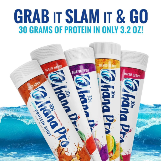 Liquid protein shot with mango, passion fruit, and peach flavor, containing 30 grams of protein and caffeine.