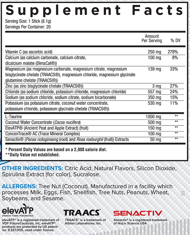 Supplement facts for a serving size of 1 stick, including vitamins, minerals, and extracts, with allergen and other ingredient details.