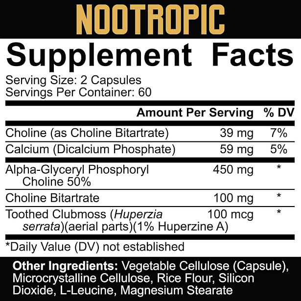 Nootropic supplement facts displaying serving size, ingredients, and daily value percentages for nutrients such as Choline and Calcium.