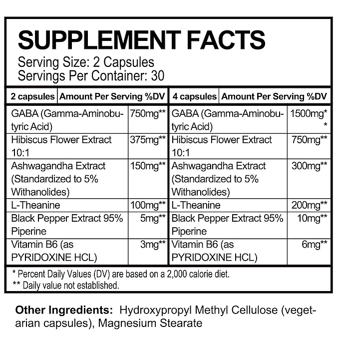 Supplement facts label showing ingredients & daily values for GABA, Hibiscus Flower Extract, Ashwagandha Extract, L-Theanine, Pepper Extract, and Vitamin B6.