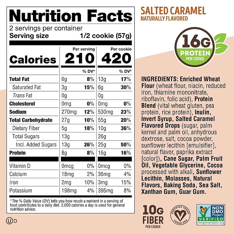 Nutrition facts for a Salted Caramel cookie. Has 210 calories, 6g protein, 13g sugar and 10g fiber per serving. Made with enriched wheat flour and is vegan.