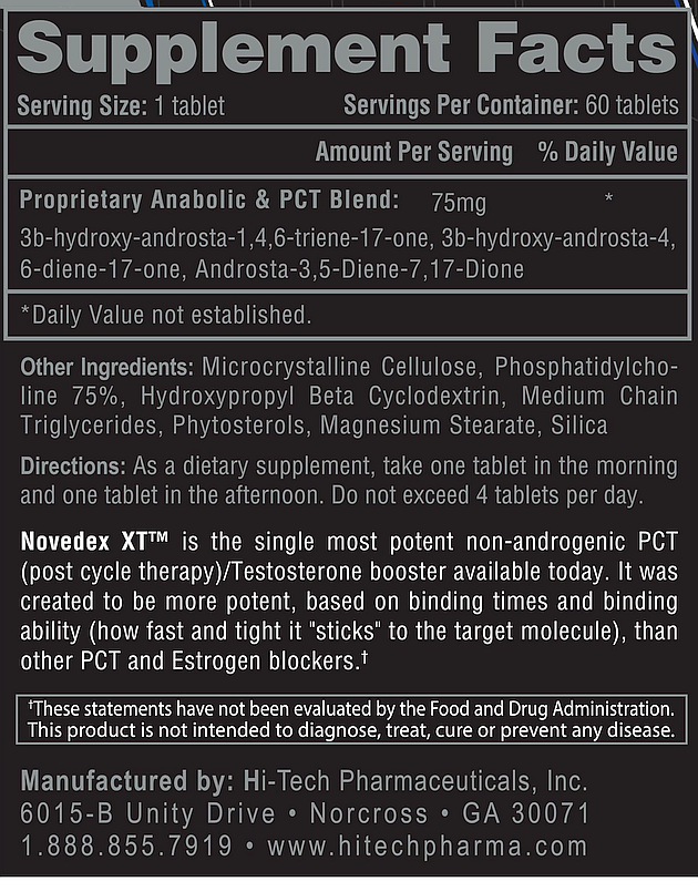 Supplement facts for a 60-tablet bottle of Novedex XT, a potent PCT/Testosterone booster by Hi-Tech Pharmaceuticals. Not FDA evaluated.