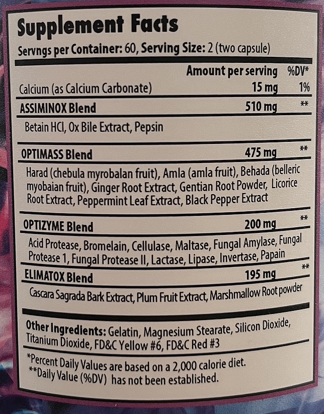 Supplement facts for a 60 serving container. Includes multiple blends such as ASSIMINOX, OPTIMASS, OPTIZYME, and ELIMATOX. Daily values are given.