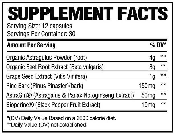 Supplement facts chart showing serving size, ingredients & their amounts, and daily values based on a 2000 calorie diet.