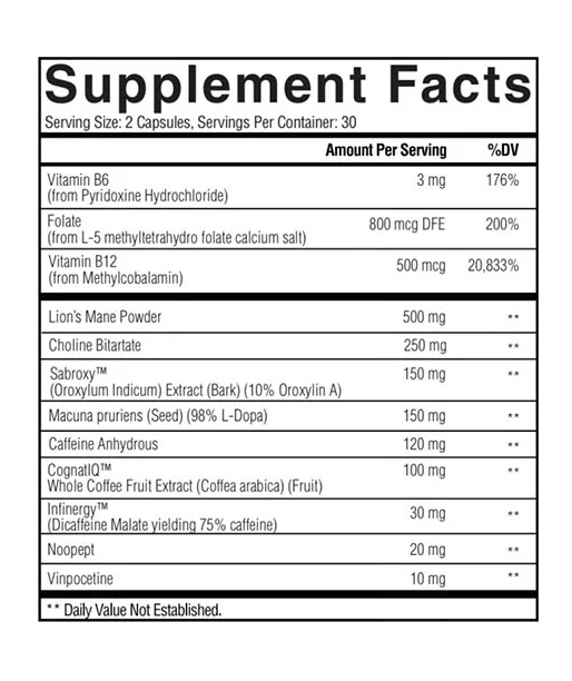 Supplement facts include vitamins, caffeine anhydrous, Lion's Mane powder, and other ingredients. Servings per container is 30.