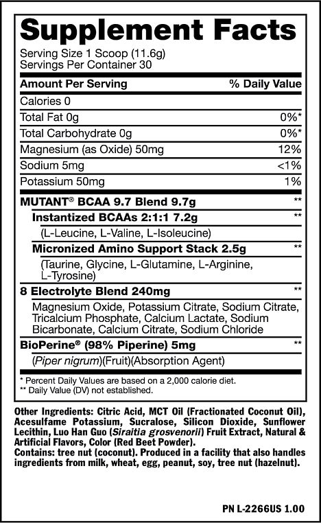 Nutritional information on a container of MUTANT® BCAA 9.7 Blend supplement powder, detailing serving size, ingredients, and daily values.
