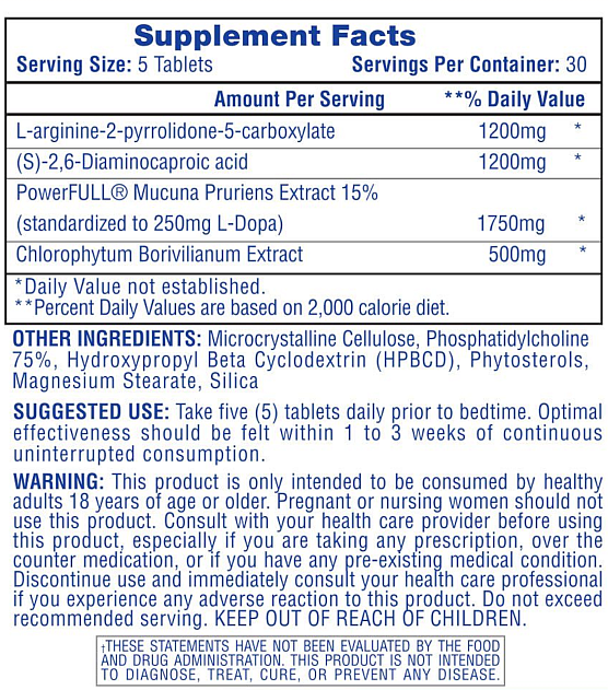 Supplement panel showing ingredients and daily values. Warning, suggested use, and legal disclaimer are also provided.