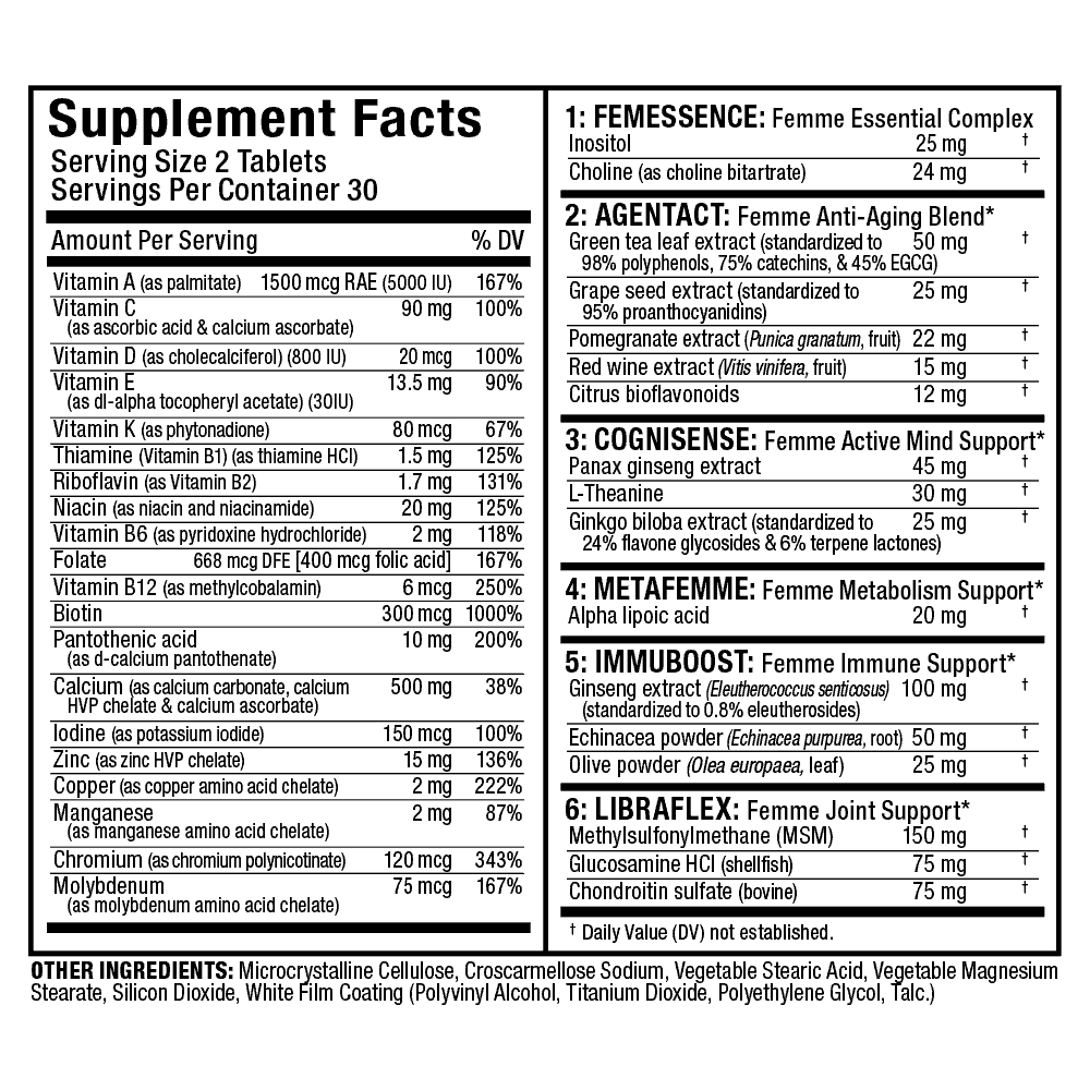 Supplement facts detailing serving size, vitamins, minerals, complexes, extracts, and additional ingredients.